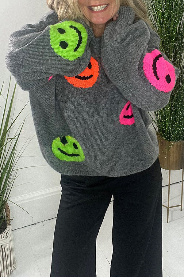 Smiley Face Knit Dropped Shoulders Loose Pullover Sweater