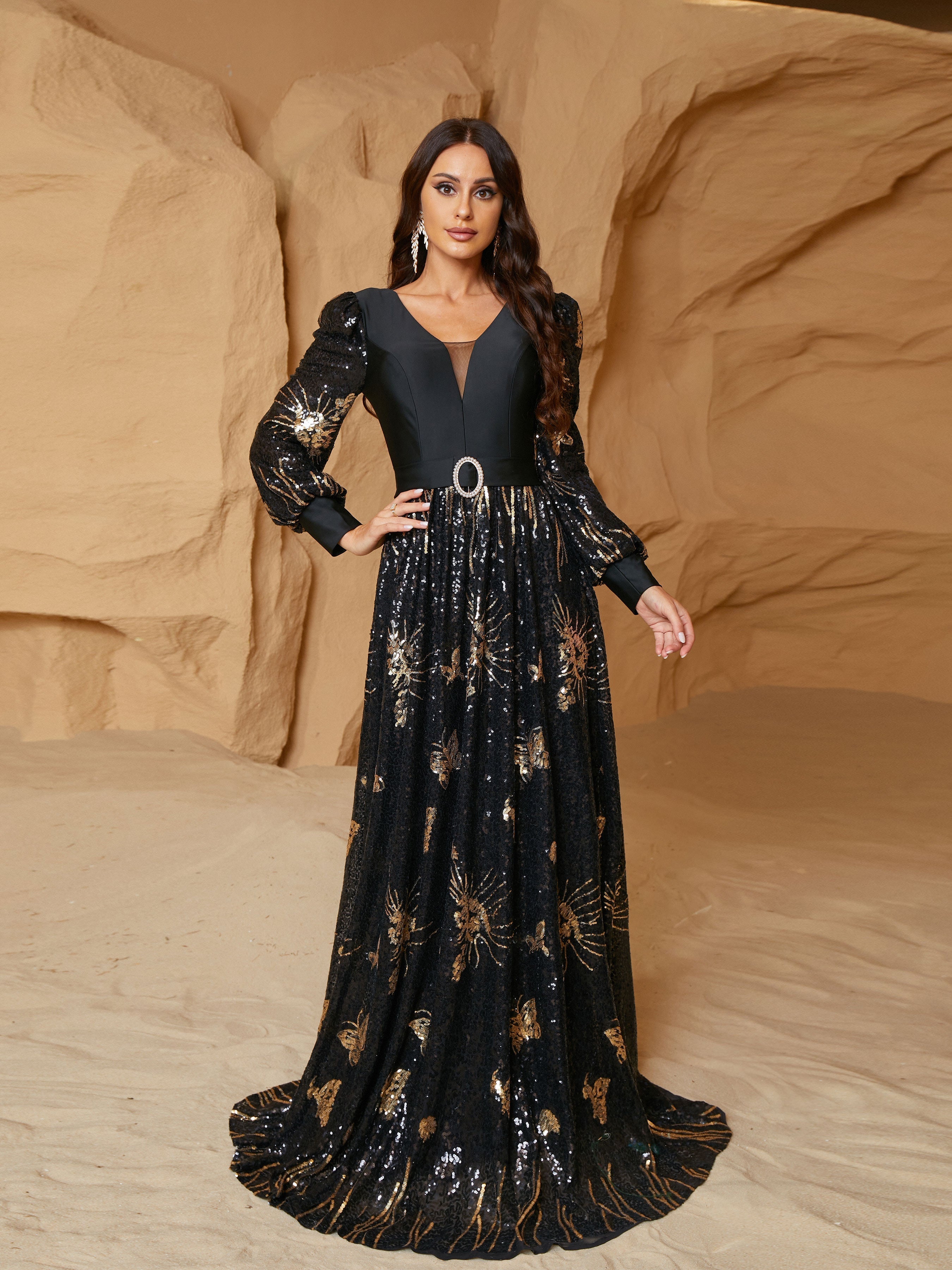 Formal V-Neck Sequin Black Ball Gown RM21074