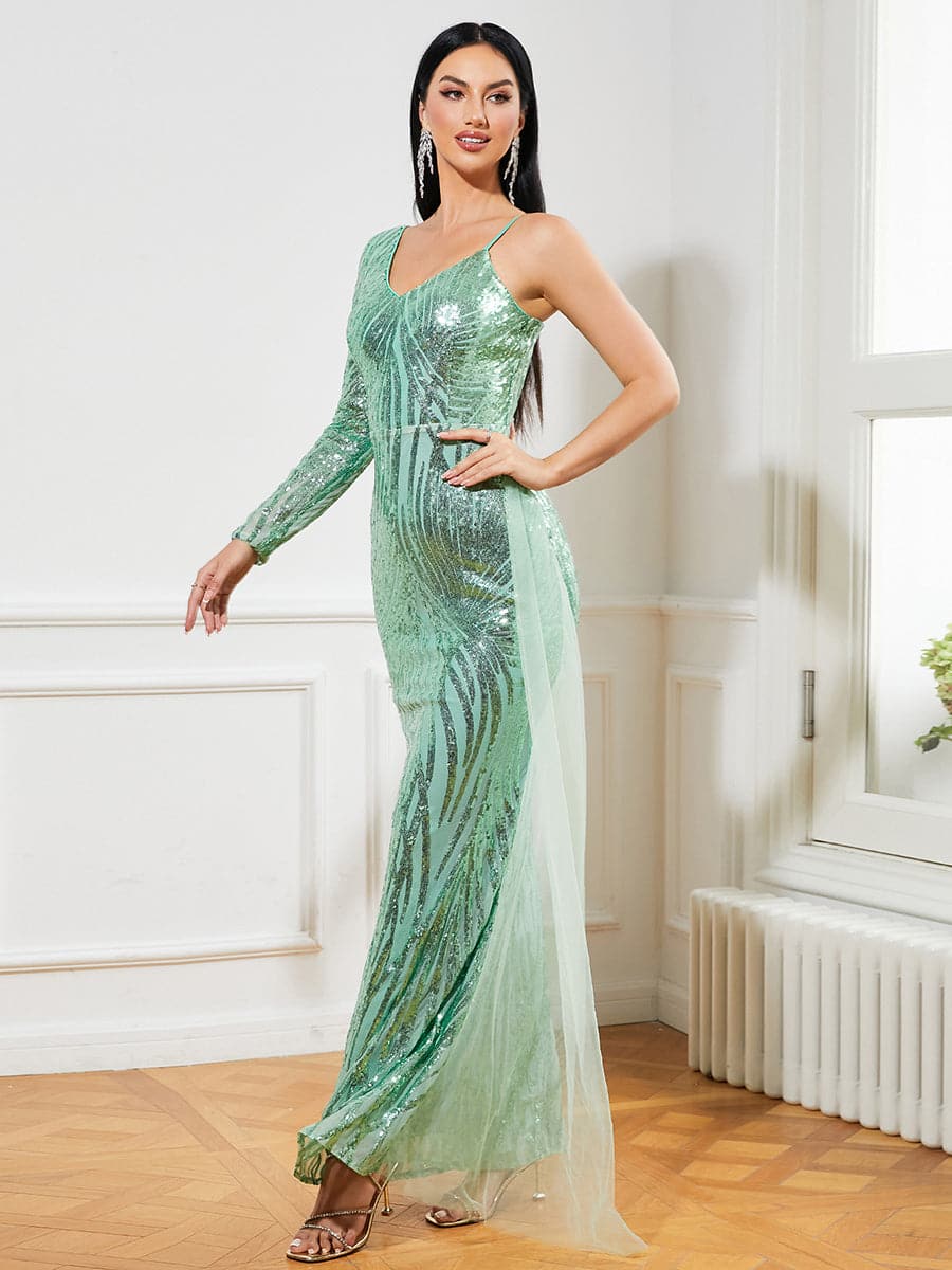 One Shoulder Sequins Draped Green Evening Dress XJ2306