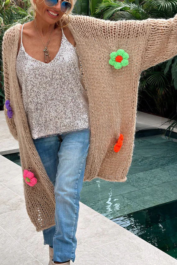 A Different Story Knit Hollow Out Multi Color 3D Flowers Oversized Midi Cardigan