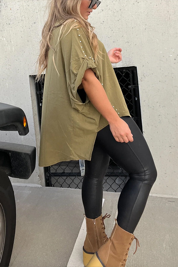 WASHED ROLL UP SLEEVE STUDDED OVERSIZED TEE