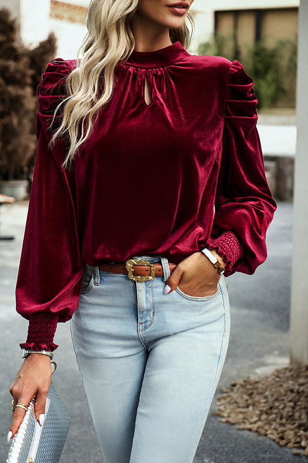 Perbai Bowknot Back Puff Long Sleeves Velvet Top