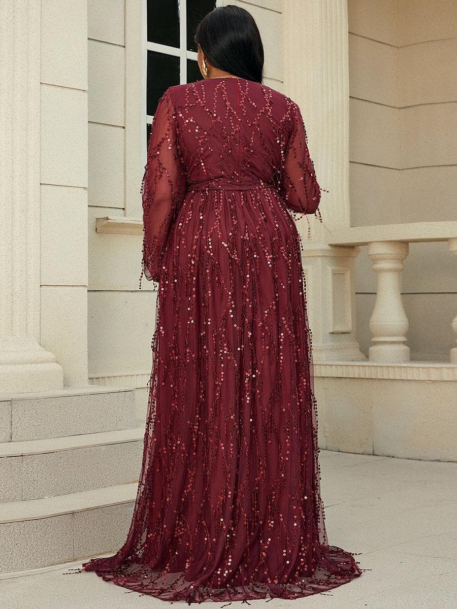 Plus Size V Neck Mesh Sleeve Red Maxi Sequin Formal Dress P0376