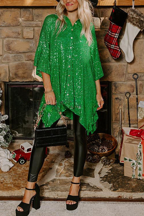 West Side Sparkle Sequin Ruffle Dolman Sleeve Drape Tunic Top