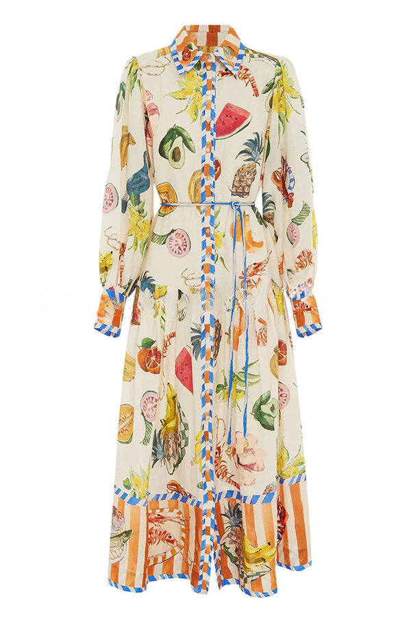 Hopeful Moments Tropical Fruit Print Balloon Sleeve Patchwork Shirt Midi Dress