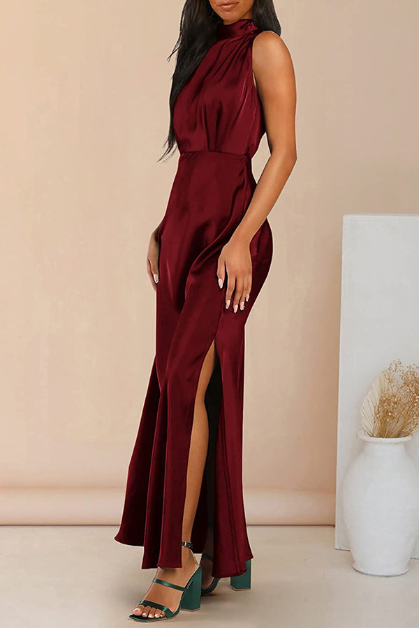 The Story of Us Satin High Neck Slit Maxi Dress