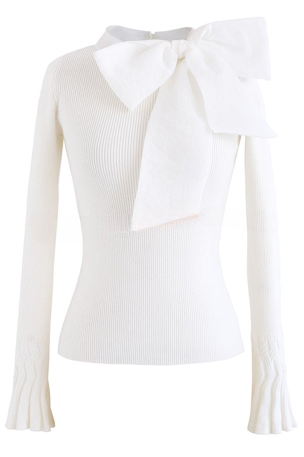 Fancy with Ribbed Knit Bowknot Neck Bell Sleeve Top