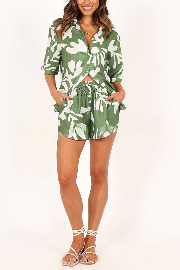 Summer Is Coming Printed Button Up Blouse and Elastic Waist Pocketed Shorts Set