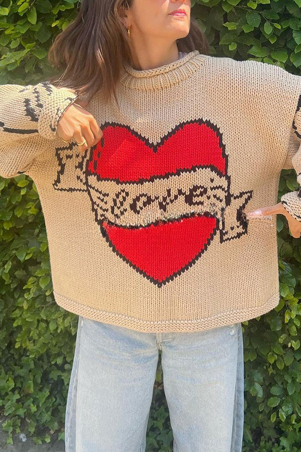 Love Is A Gift Creative Love Pattern Knit Loose Pullover Sweater