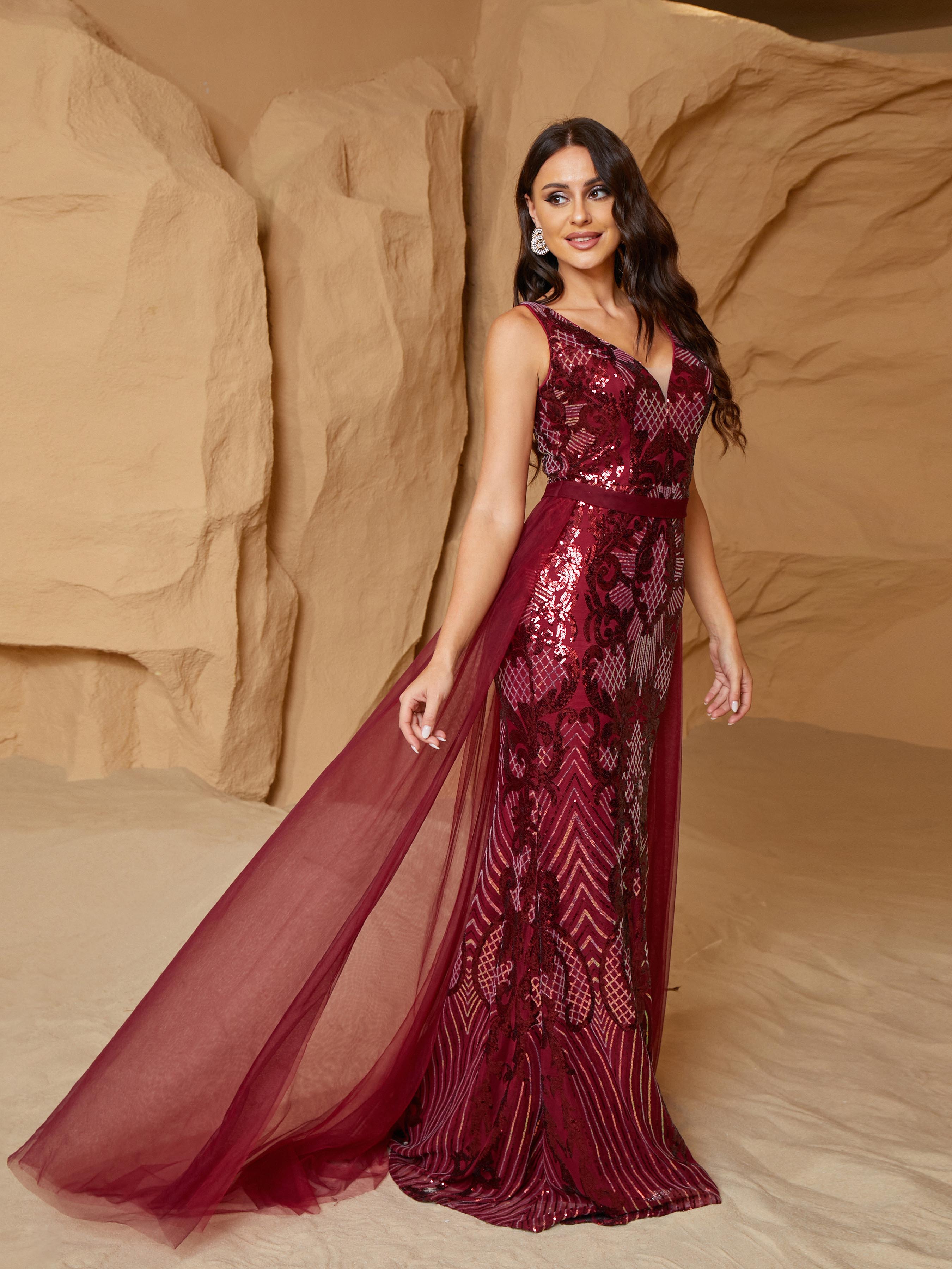 Formal Mesh Draped Sequin Burgundy Evening Dress RJ10863