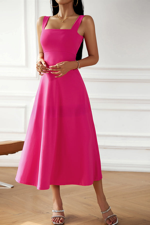 Solid Color Suspender High Waist Strappy Midi Dress