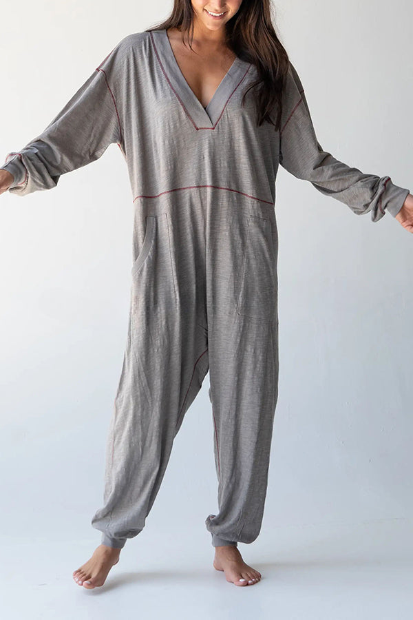 Home or Traveling Cotton Blend Long Sleeve Pocketed Loose Jumpsuit