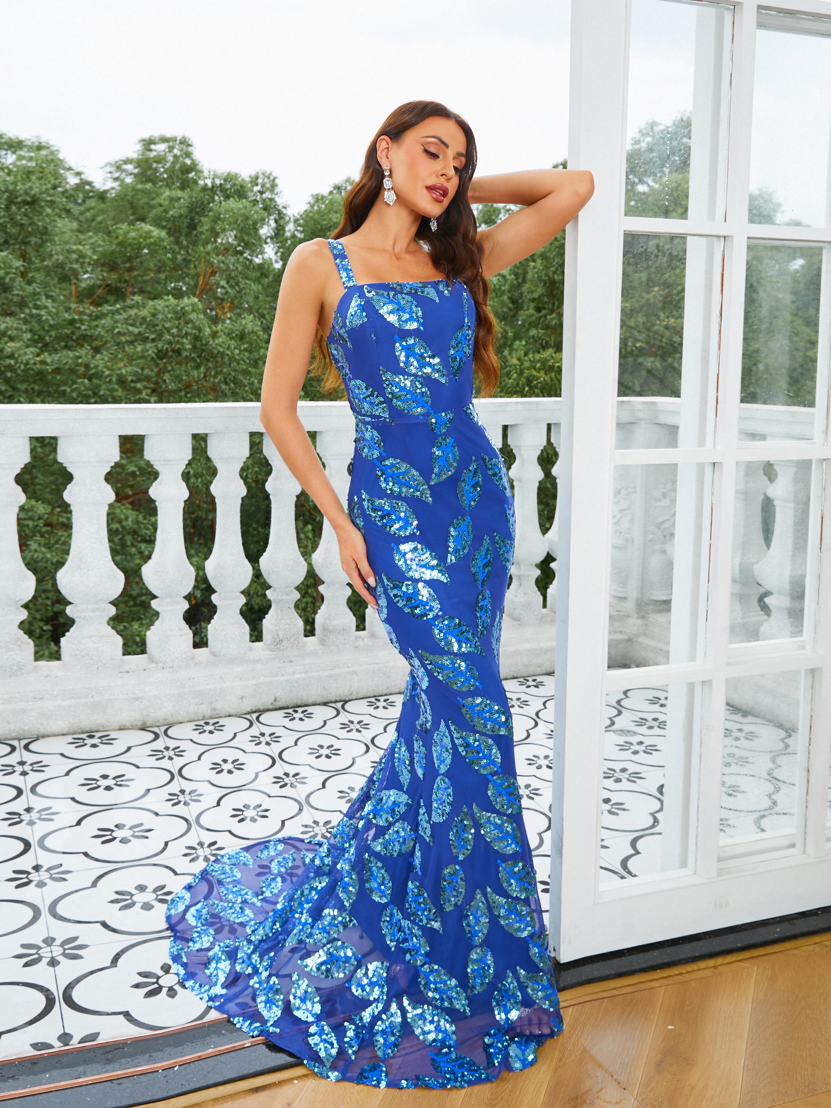 Formal Square Neck Sequin Mermaid Blue Evening Dress RM21009