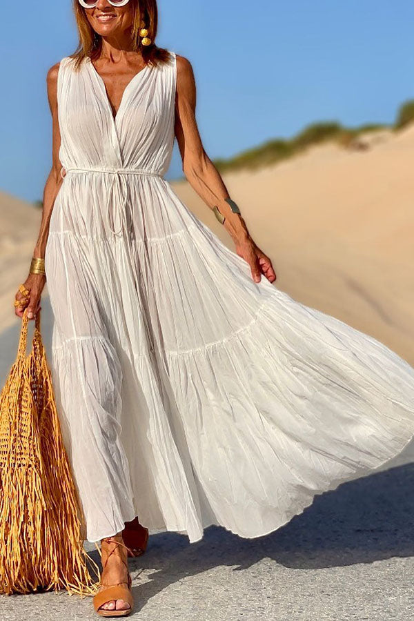 Pleated V-Neck Sleeveless Tie Dress