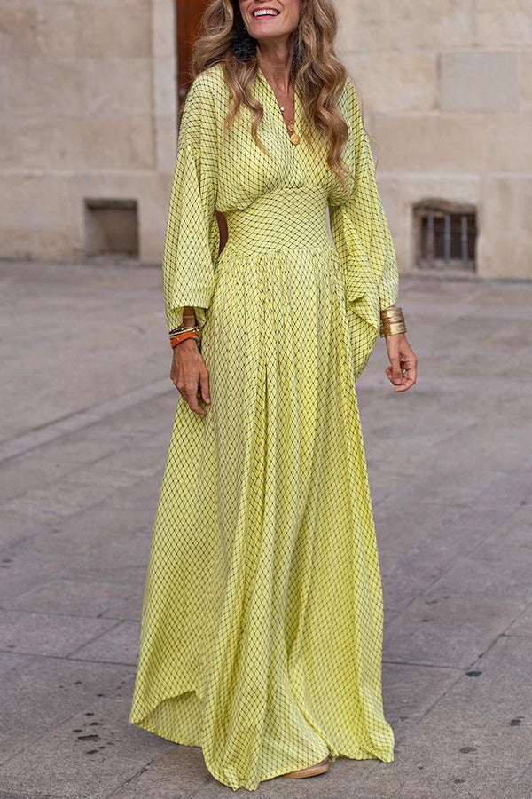 Geometric Print V Neck Long Sleeve Maxi Dress