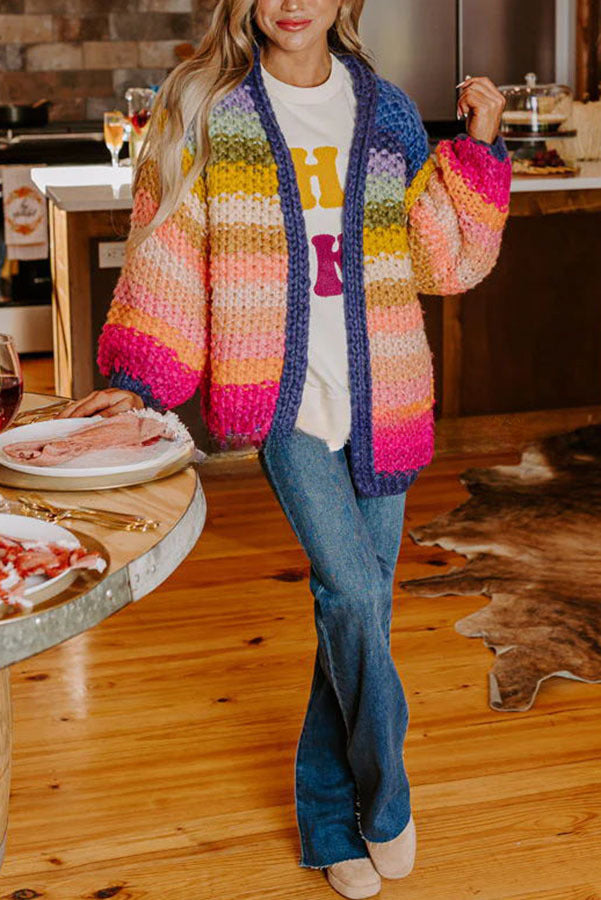 Cozy Daydream Handmade Chunky Knit Colorful Stripe Pattern Cardigan