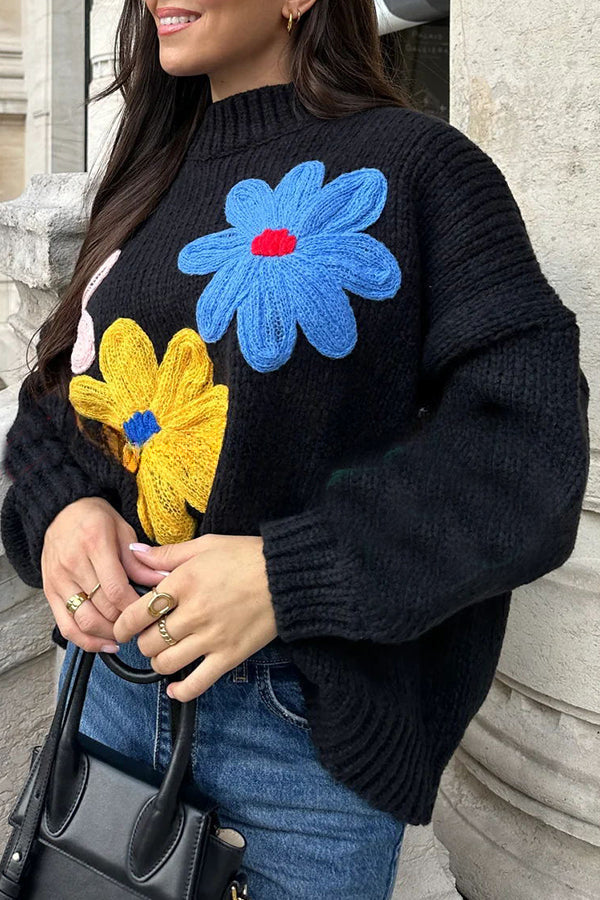 Sun Kissed Knit Colorful Floral Turtleneck Pullover Sweater