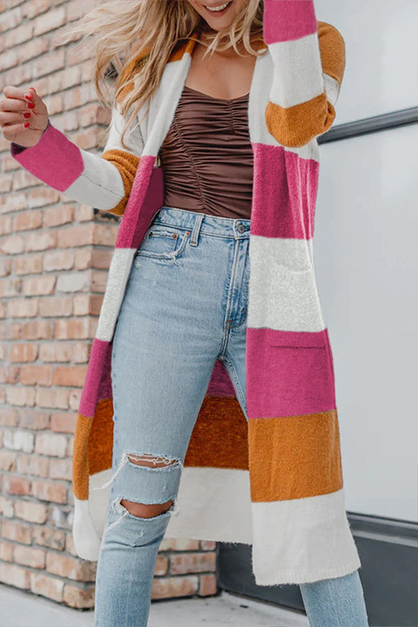 Knitted Color Block Open Front Long Cardigan