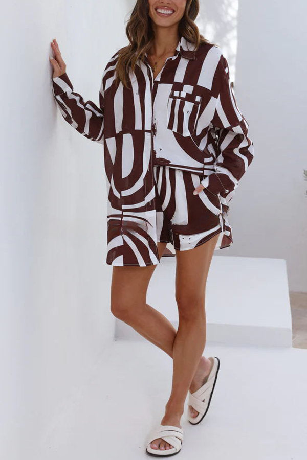 Boyfriend Style Printed Oversized Button Pocketed Shirt and Elastic Waist Shorts Set