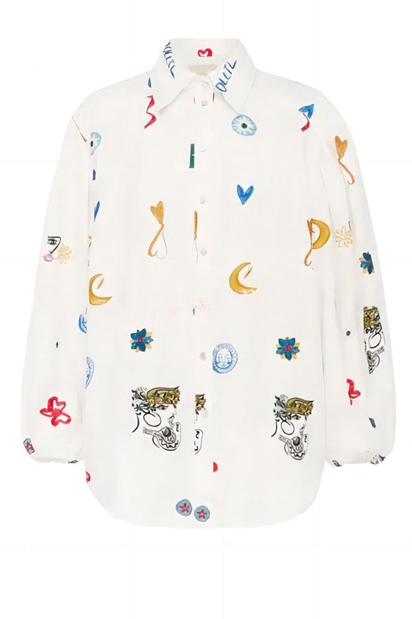 Effortless Silhouette Unique Print Balloon Sleeve Button Loose Shirt