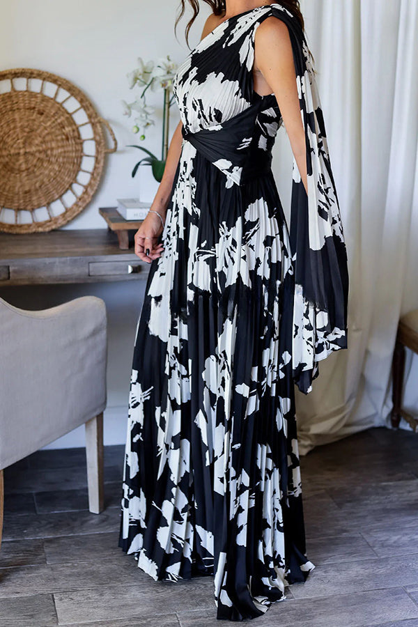 Slay The Evening Pleated Floral Pattern One Shoulder Drape Maxi Dress