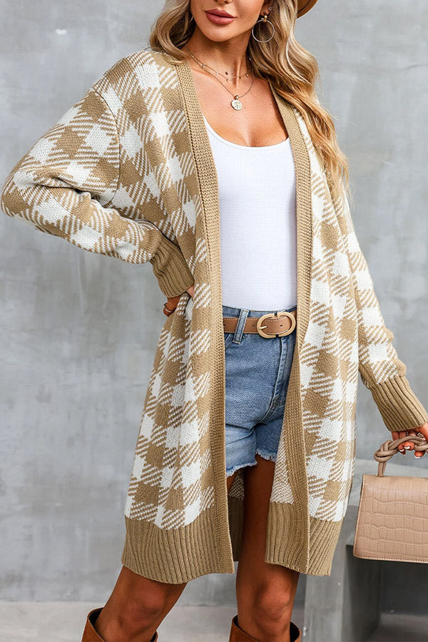 Khaki Plaid Ribbed Contrast Open Front Long Cardigan