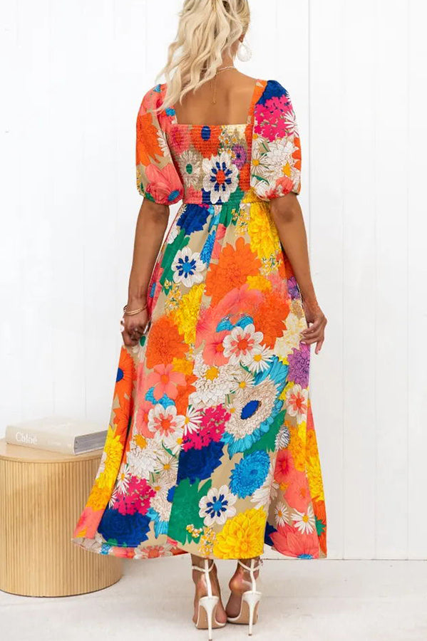 Floral Frenzy Printed Puff Sleeve Back Smocked Maxi Dress