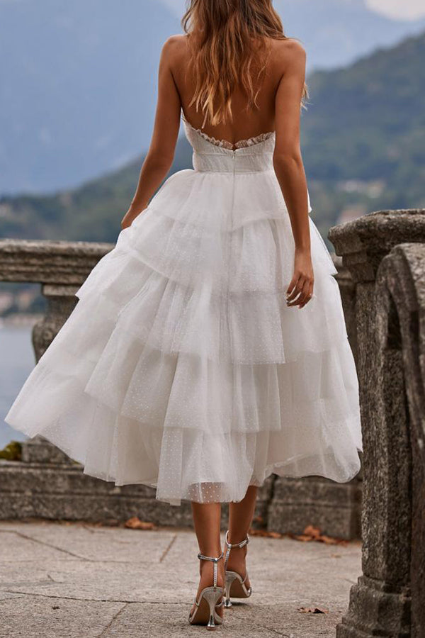 Ames Tulle Sleeveless Halter Neck Open Back Tiered Midi Dress