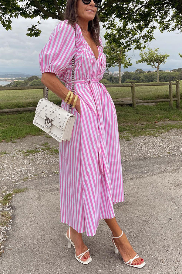 Striped Bud Sleeve V-Neck Belted Waist Dress