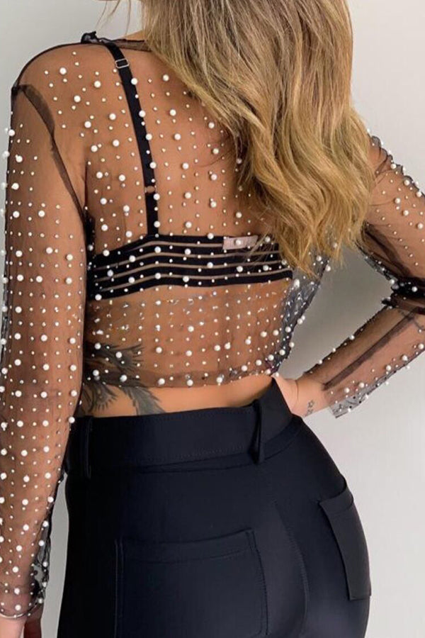 Diamond Beaded Lace See Through Shirt