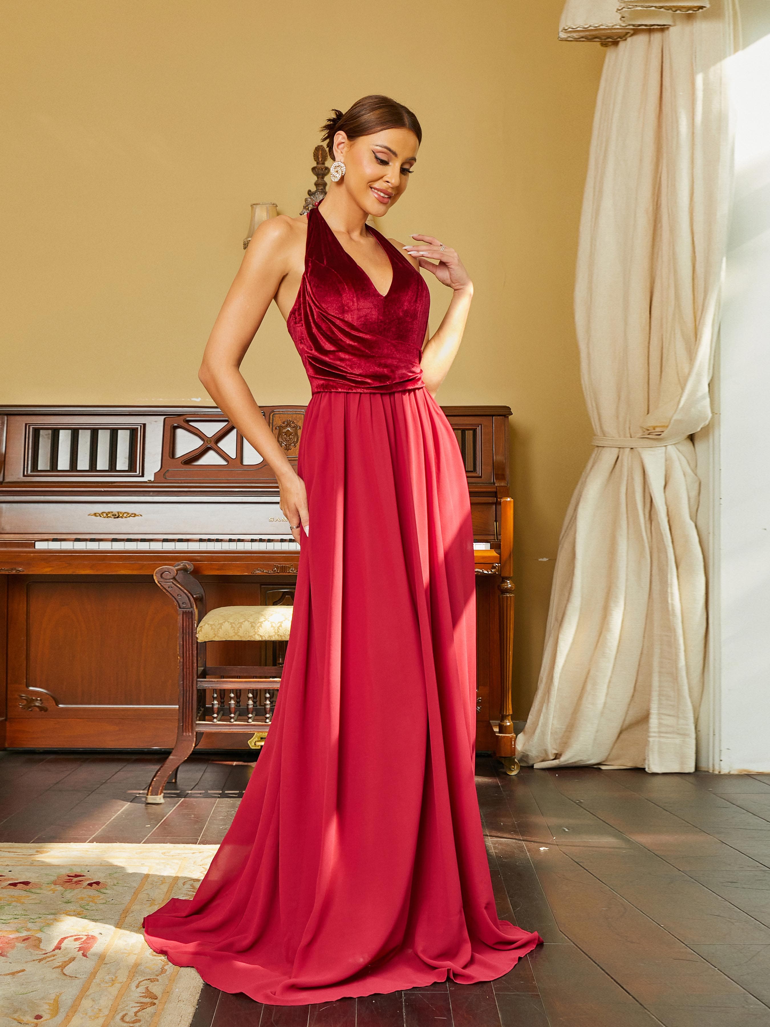 Halter A-Line Panel Chiffon Wine Prom Dress RH30611