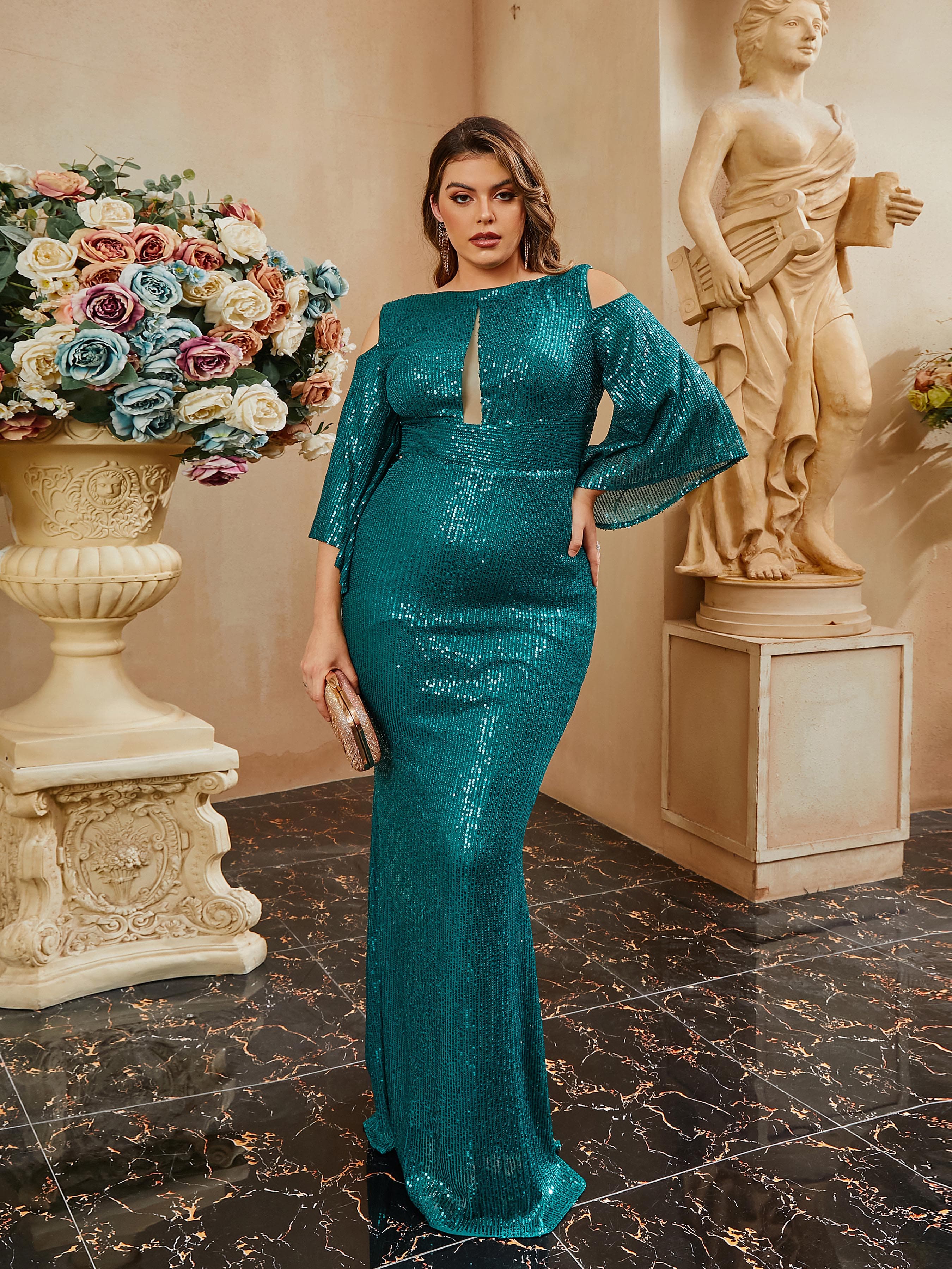 Plus Size Crew Neck Backless Mermaid Bell Sleeve Evening Dress PRA60090