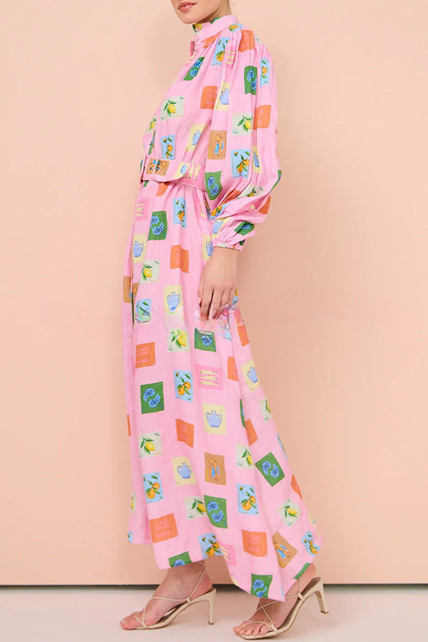 Palm Noosa Geometric Print Belted Long Sleeve Maxi Dress