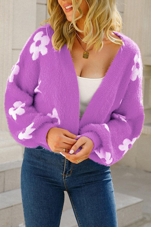 Lantern Sleeve Floral Knit Long Sleeve Cardigan