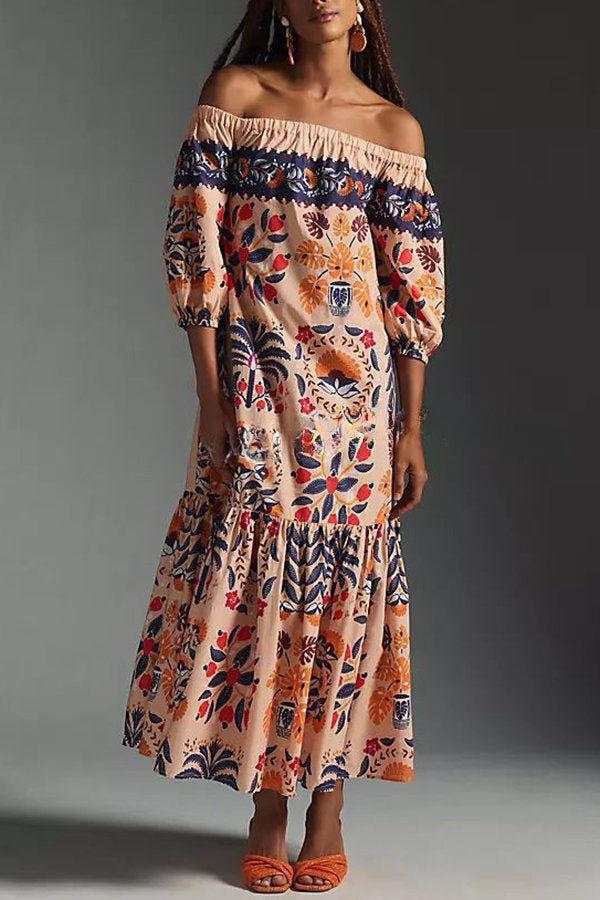 Island Lover Printed Off The Shoulder Pocketed Flowy Midi Dress