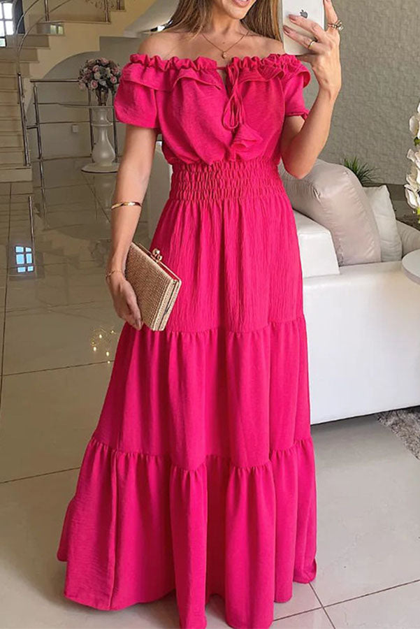 Admit Your Feelings Off Shoulder Smocked Waist Maxi Dress