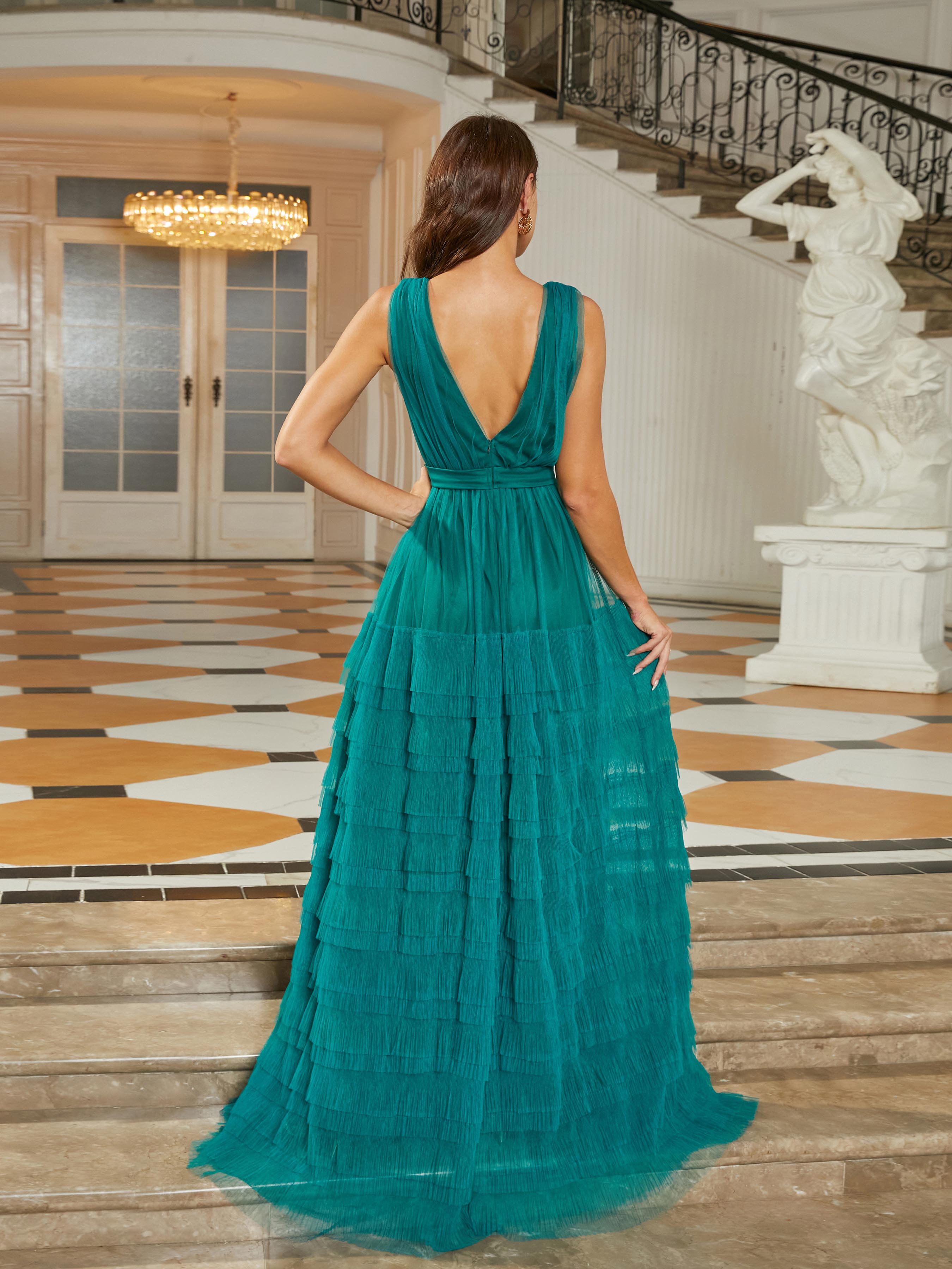 Formal V-Neck Tiered Mesh Green Ball Gown RJ11113