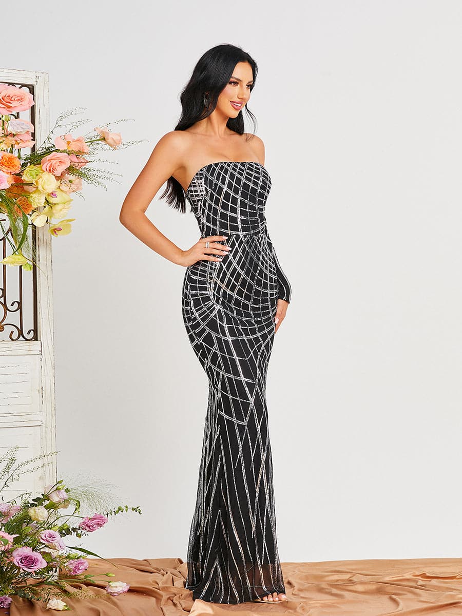 Off Shoulder Stripe Sequin Maxi Evening Dress RJ10201