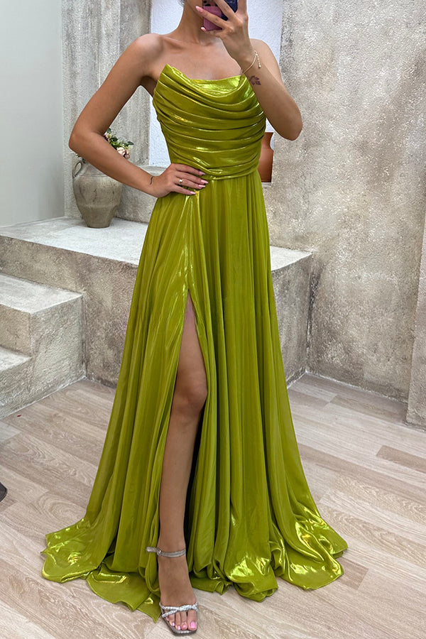 Golden Years Satin Cowl Neck Off Shoulder Pleated Drape Slit Maxi Dress