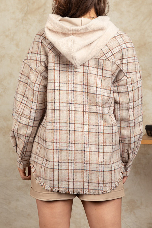 Hoiud Large Pocket Single Breasted Hooded Plaid Shirt