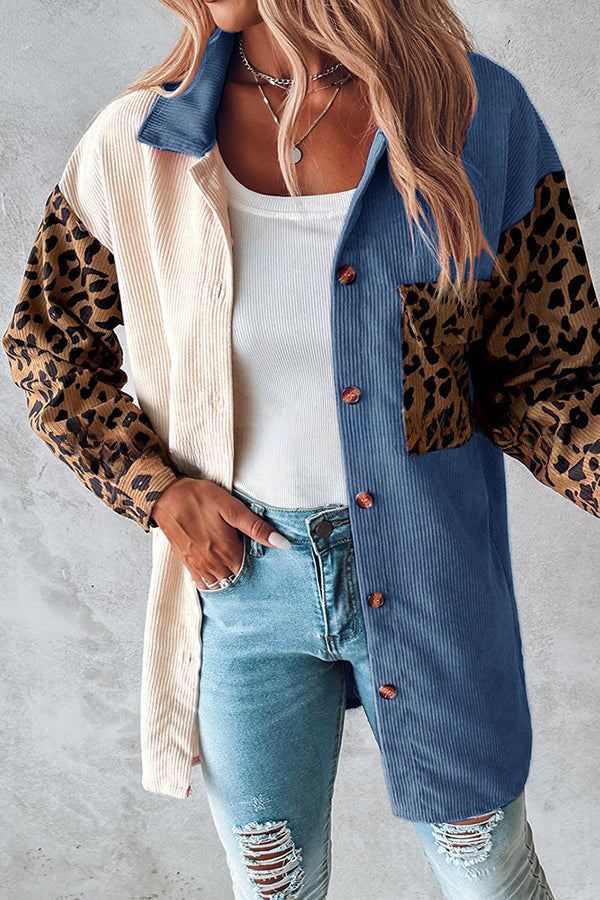 Colorblock Leopard Print Corduroy Long Sleeved Button Down Coat