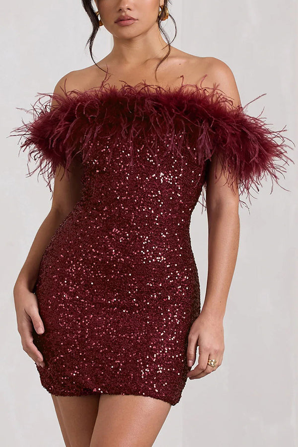 It's Show Biz Sequin Feather Trim Bodycon Mini Dress