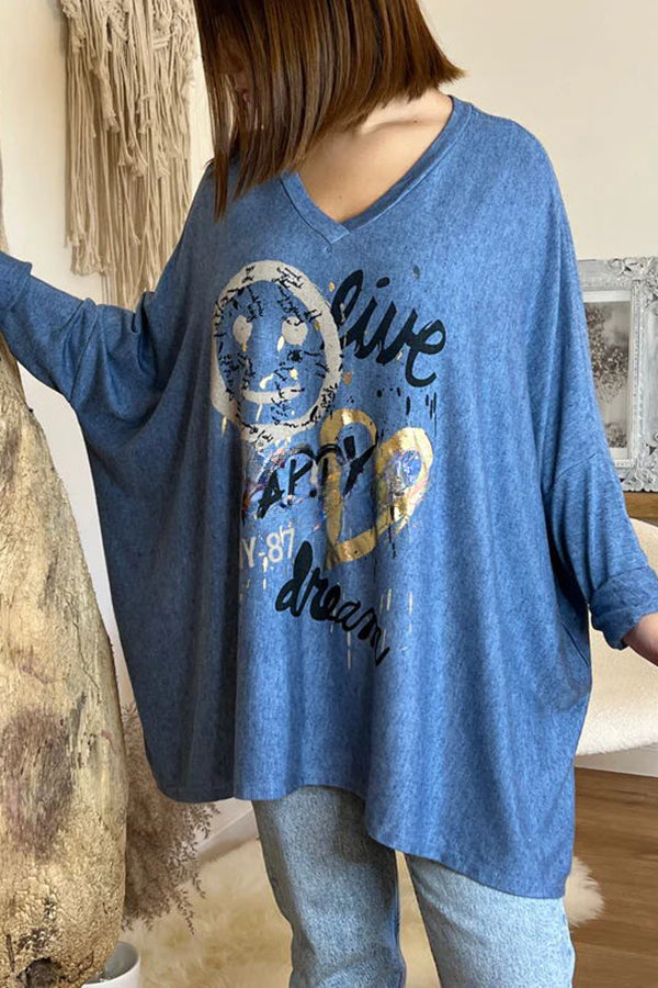 Live Happy Dream Printed Dolman Sleeve Loose Sweatshirt