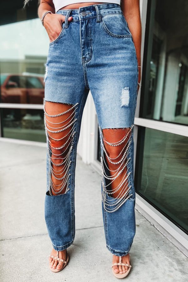 Dripping Diamonds Chain Cut Out Side Pocket Straight Leg Jeans