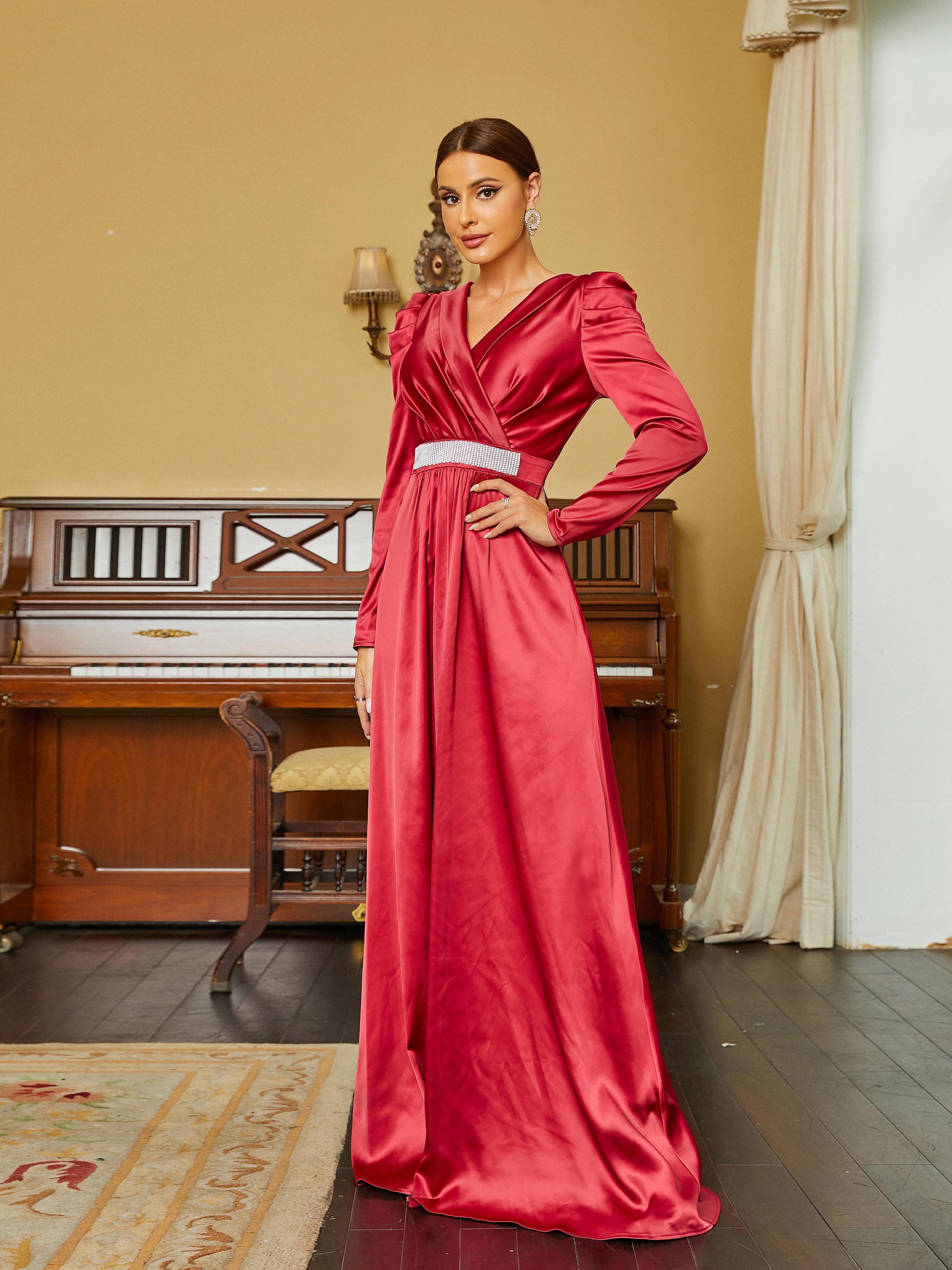 V Neck Long Sleeve Satin Maxi Wine Evening Dress RM20377