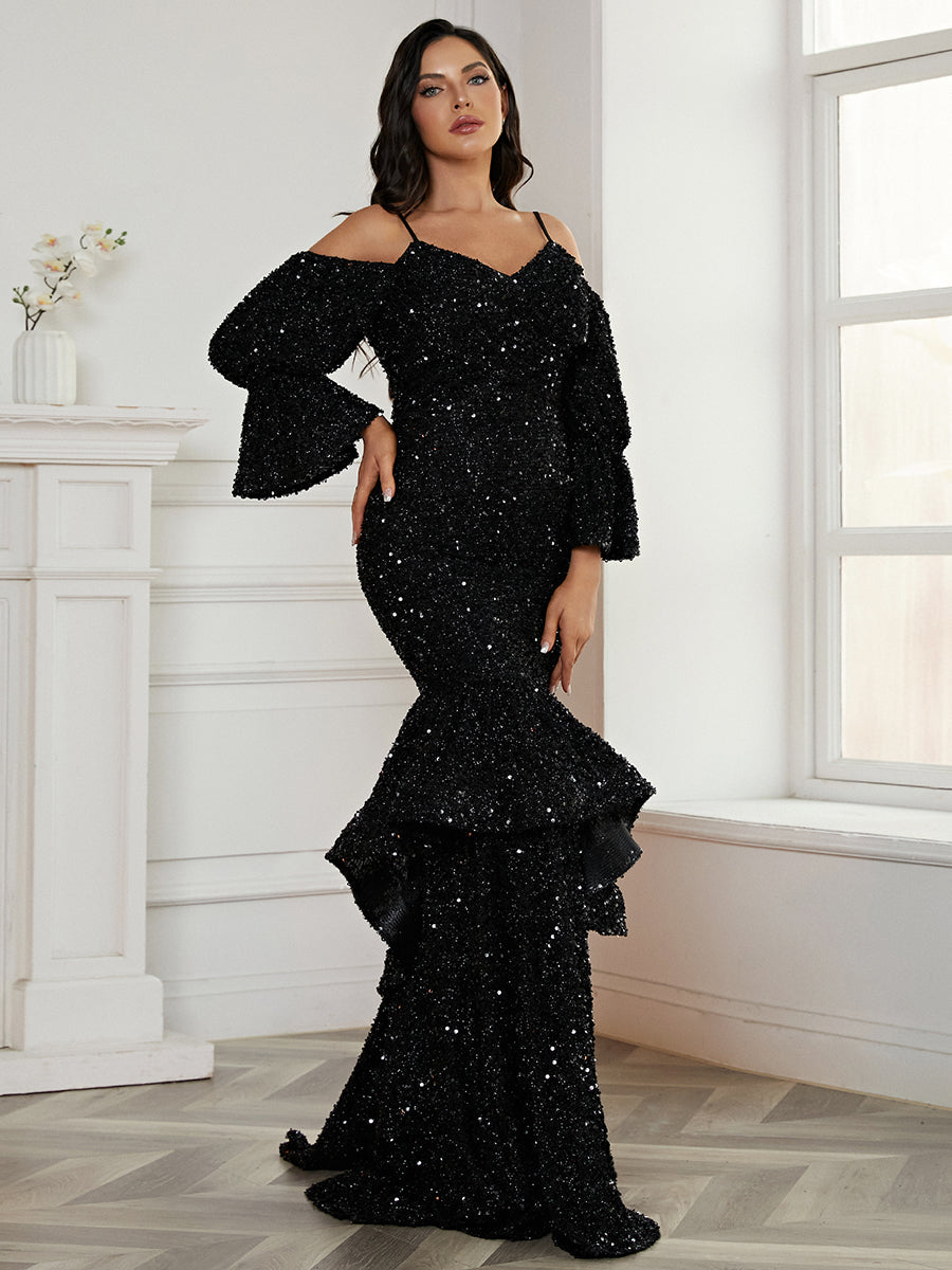 Ruffles Black Sequin Mermaid Evening Dress JMH3075