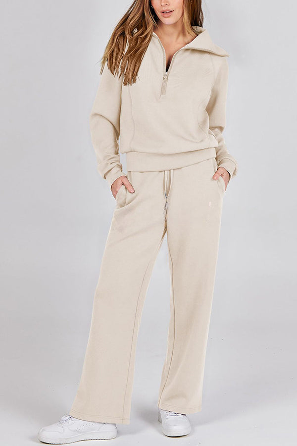 Comfy and Cute Zipper Pullover and Elastic Waist Pocket Lounge Pants Suit