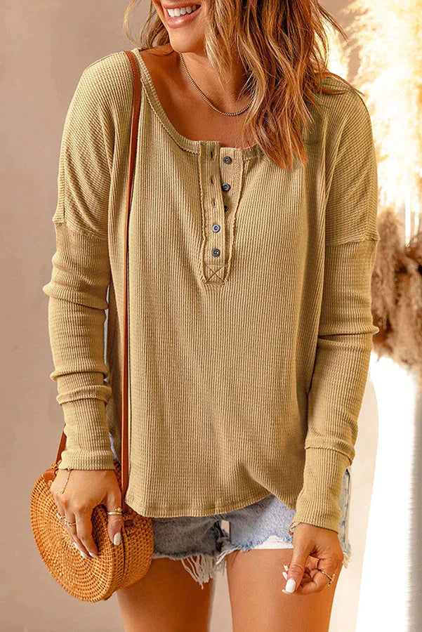 So Much More Button Waffle Knit Top