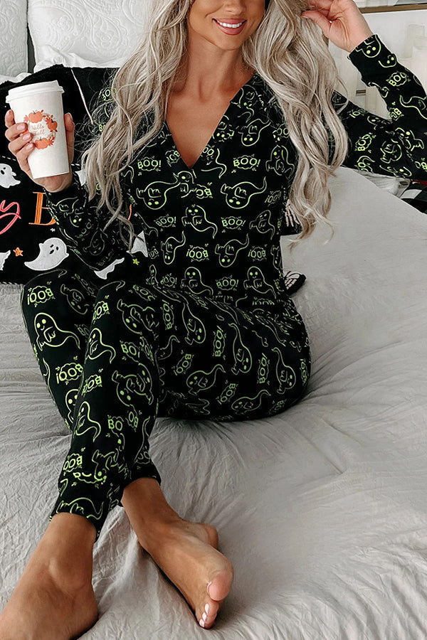 Ghost Country Halloween Print Long Sleeve Lounge Jumpsuit