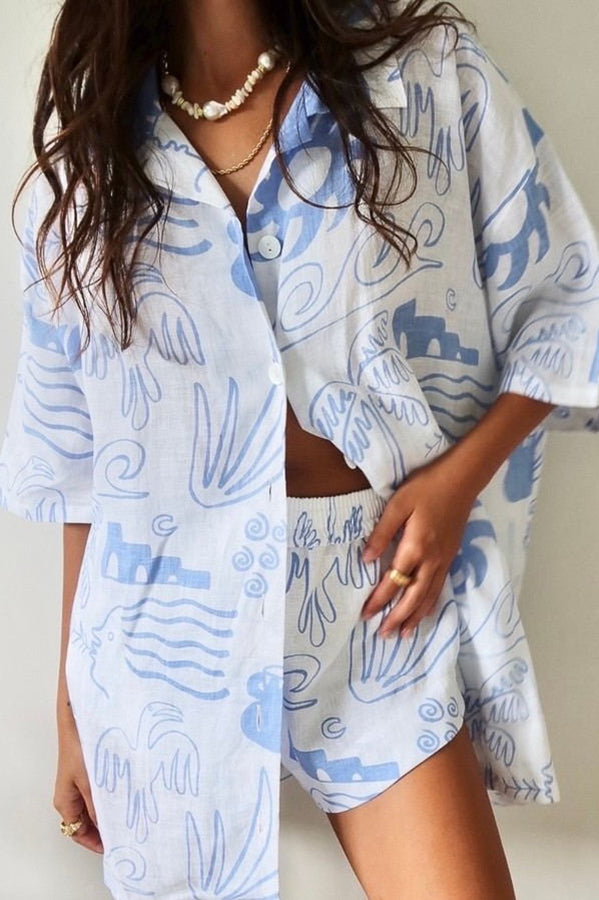 Quiet Beach Linen Blend Printed Oversized Blouse and Elastic Waist Shorts Set